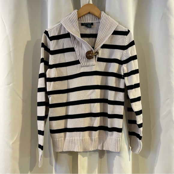 Ralph Lauren Women's White Blue Striped‎ Sweater leather Trim L - Picture 1 of 5